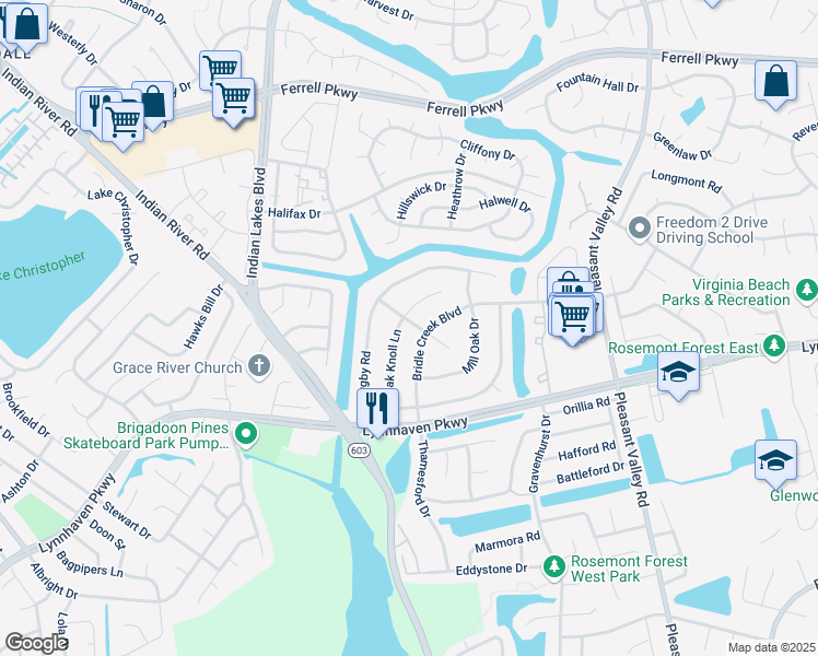 map of restaurants, bars, coffee shops, grocery stores, and more near 1422 Oak Knoll Court in Virginia Beach
