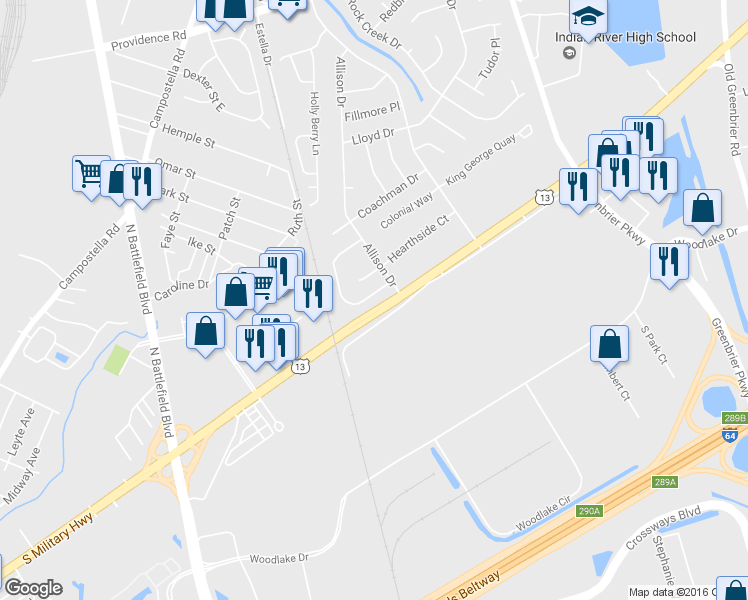 map of restaurants, bars, coffee shops, grocery stores, and more near 1822 Candlelight Drive in Chesapeake