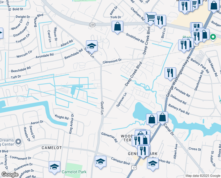 map of restaurants, bars, coffee shops, grocery stores, and more near 2712 Whitestone Avenue in Chesapeake