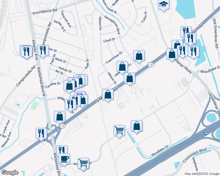 map of restaurants, bars, coffee shops, grocery stores, and more near 1822 Candlelight Drive in Chesapeake