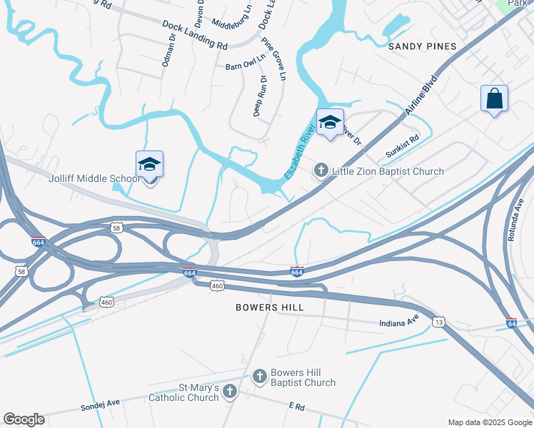 map of restaurants, bars, coffee shops, grocery stores, and more near 4517 Westborough Drive in Chesapeake