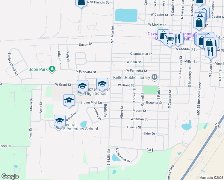 map of restaurants, bars, coffee shops, grocery stores, and more near 805 West Grant Street in Dexter