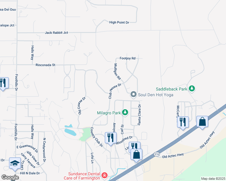 map of restaurants, bars, coffee shops, grocery stores, and more near 6310 Club House Drive in Farmington
