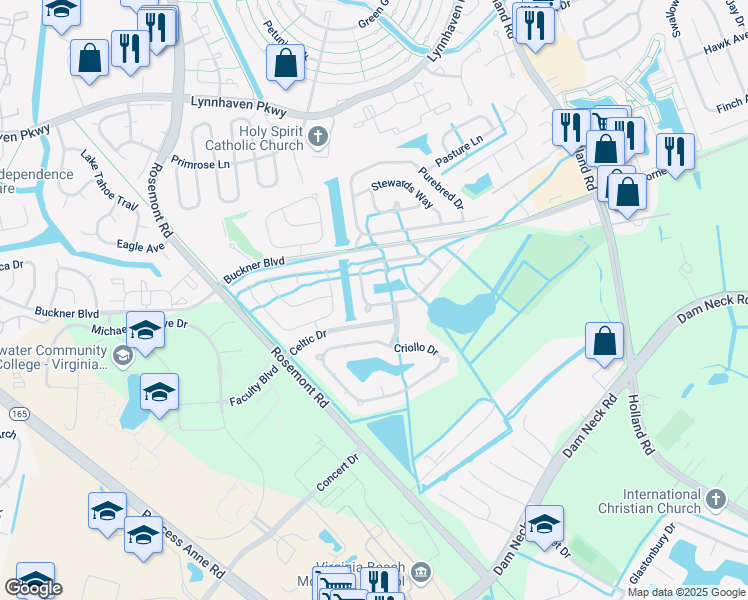 map of restaurants, bars, coffee shops, grocery stores, and more near 3620 Storm Bird Loop in Virginia Beach