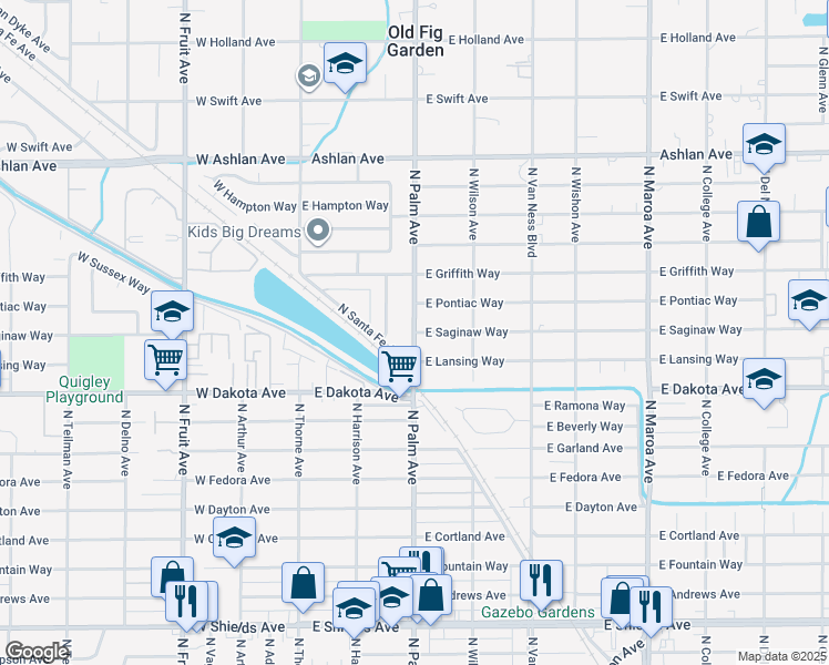 map of restaurants, bars, coffee shops, grocery stores, and more near 201 East Saginaw Way in Fresno