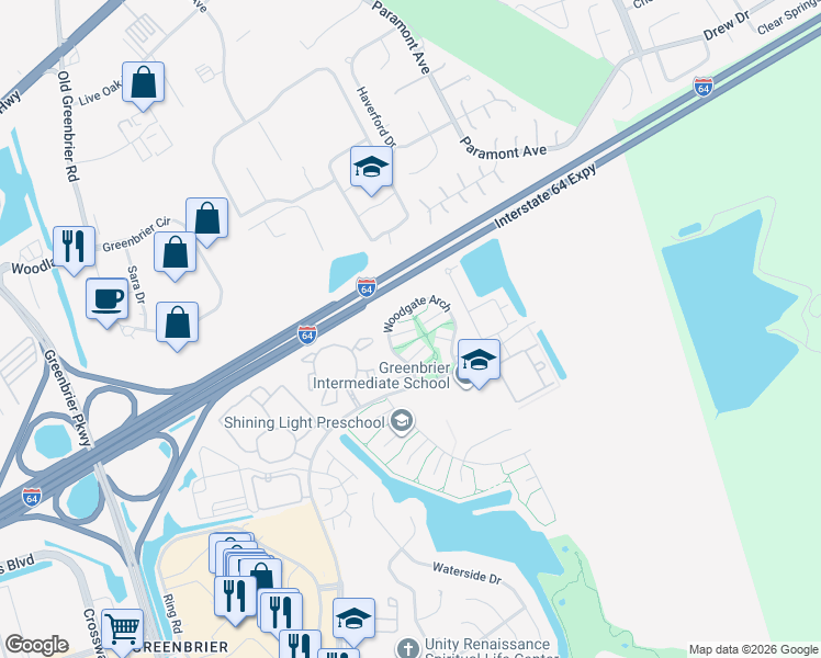 map of restaurants, bars, coffee shops, grocery stores, and more near 1945 Woodgate Arch in Chesapeake