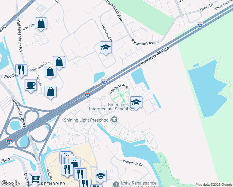 map of restaurants, bars, coffee shops, grocery stores, and more near 1945 Woodgate Arch in Chesapeake