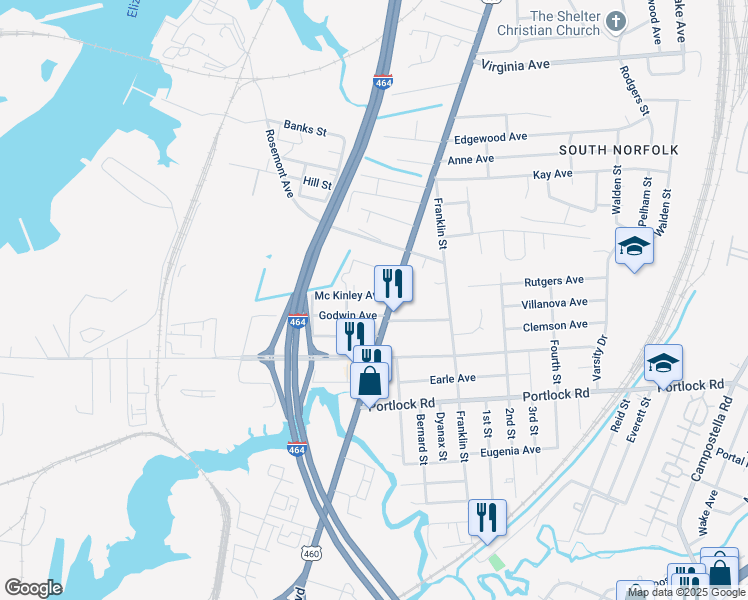 map of restaurants, bars, coffee shops, grocery stores, and more near 3606 Bainbridge Boulevard in Chesapeake