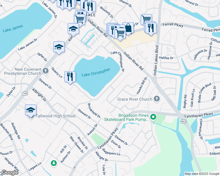 map of restaurants, bars, coffee shops, grocery stores, and more near 1669 Lake Christopher Drive in Virginia Beach