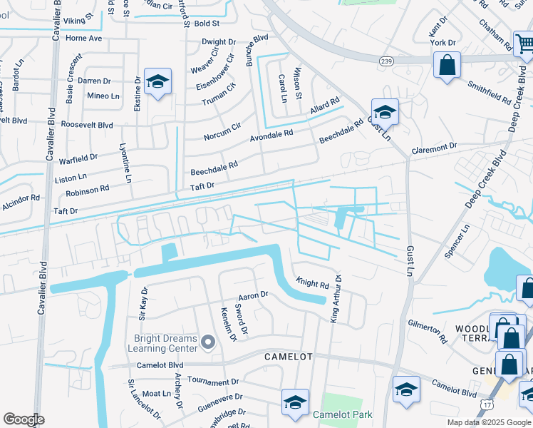 map of restaurants, bars, coffee shops, grocery stores, and more near 3300 Bus Center Drive in Chesapeake