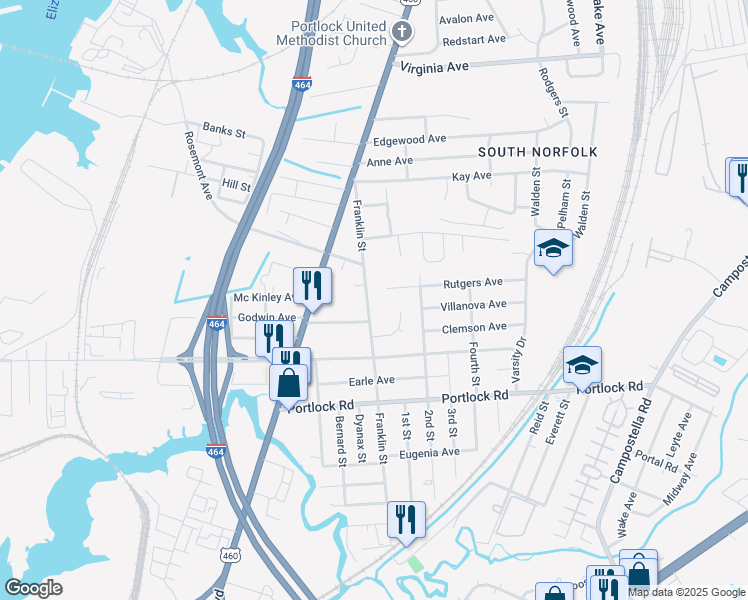 map of restaurants, bars, coffee shops, grocery stores, and more near 523 Rutgers Avenue in Chesapeake