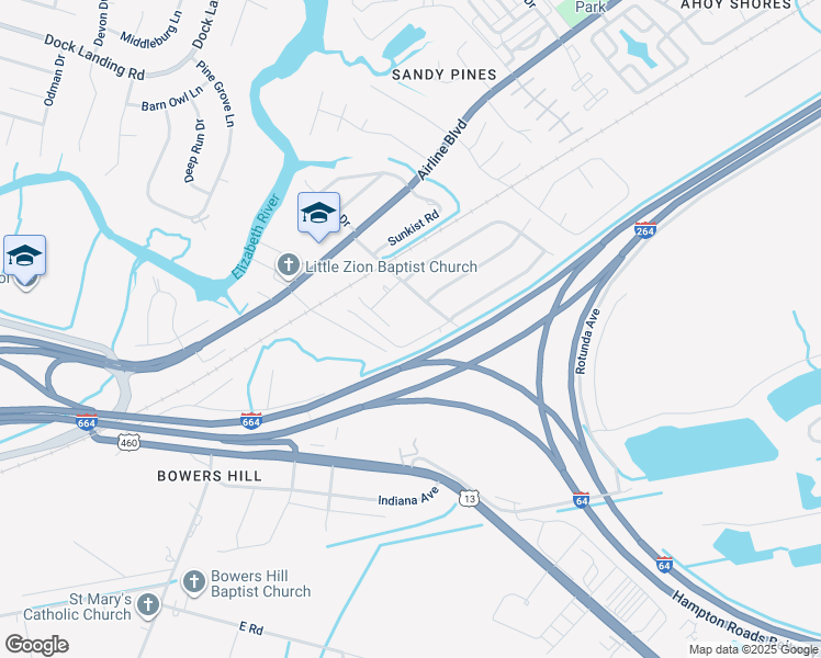 map of restaurants, bars, coffee shops, grocery stores, and more near 3946 Spring Meadow Crescent in Chesapeake