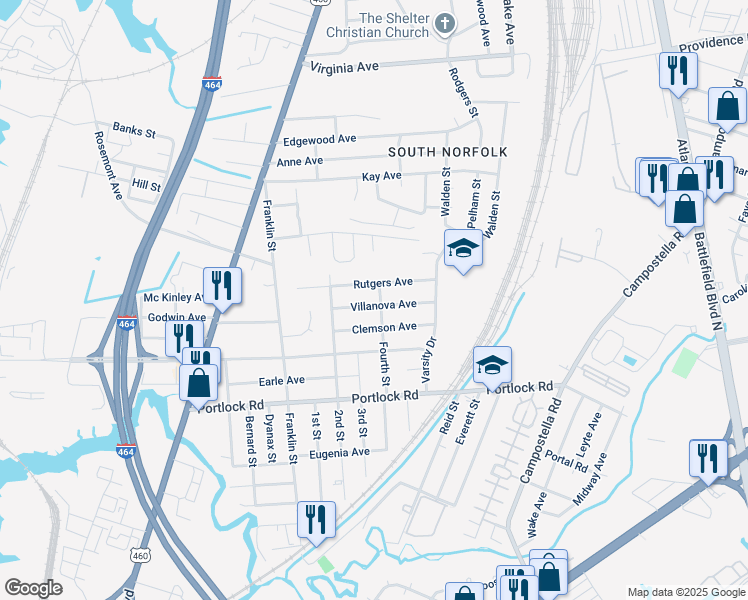 map of restaurants, bars, coffee shops, grocery stores, and more near 428 Villanova Avenue in Chesapeake