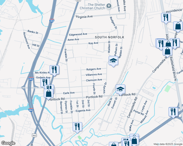 map of restaurants, bars, coffee shops, grocery stores, and more near 428 Villanova Avenue in Chesapeake