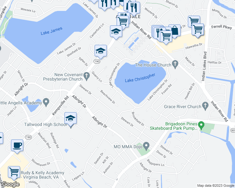 map of restaurants, bars, coffee shops, grocery stores, and more near 1544 Edgewater Drive in Virginia Beach