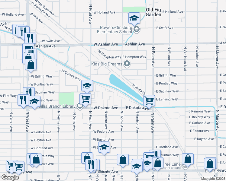 map of restaurants, bars, coffee shops, grocery stores, and more near 202 West Dakota Avenue in Fresno