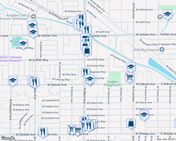 map of restaurants, bars, coffee shops, grocery stores, and more near 1233 West Pontiac Way in Fresno