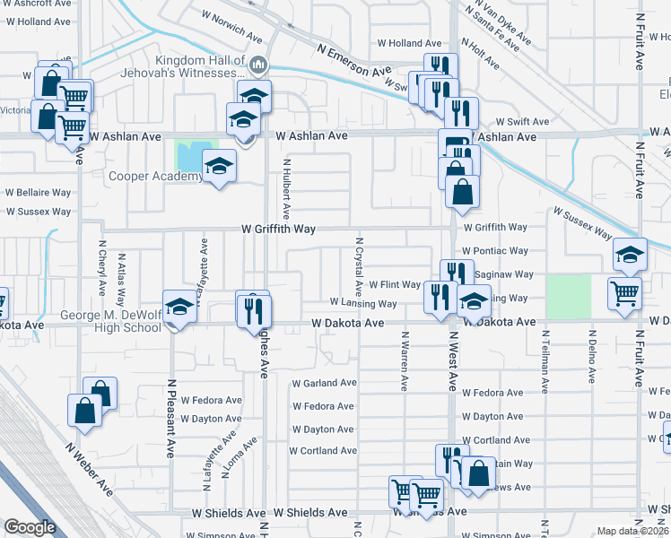 map of restaurants, bars, coffee shops, grocery stores, and more near 3933 North Hacienda Drive in Fresno
