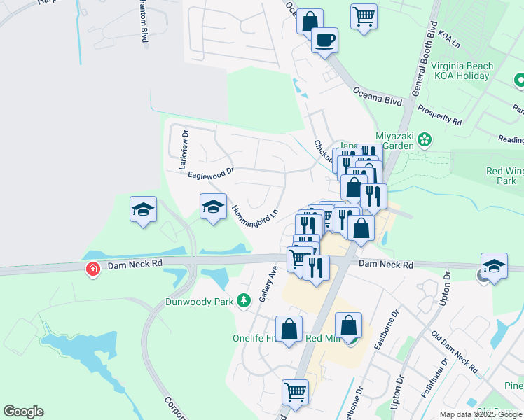 map of restaurants, bars, coffee shops, grocery stores, and more near 1529 Snowbird Court in Virginia Beach