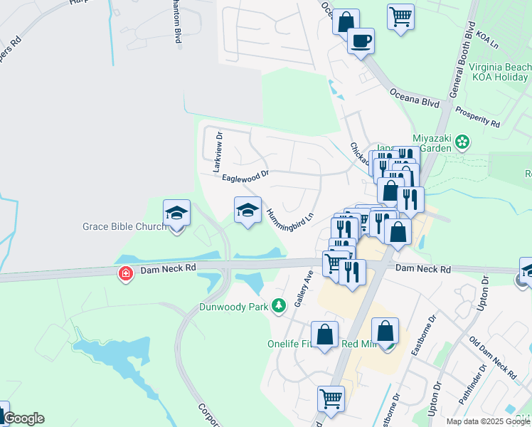 map of restaurants, bars, coffee shops, grocery stores, and more near 1578 Hummingbird Lane in Virginia Beach