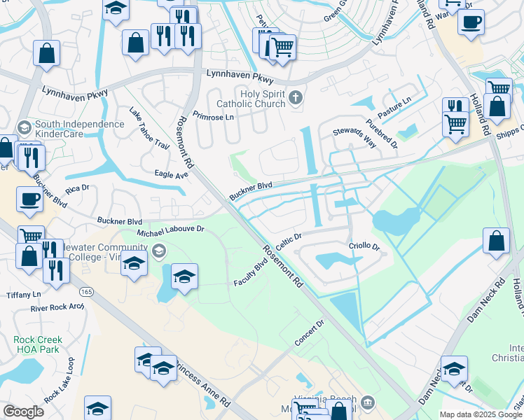 map of restaurants, bars, coffee shops, grocery stores, and more near 3573 Regret Lane in Virginia Beach