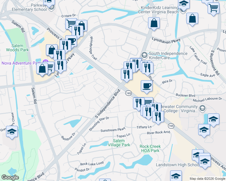 map of restaurants, bars, coffee shops, grocery stores, and more near 2077 South Independence Boulevard in Virginia Beach