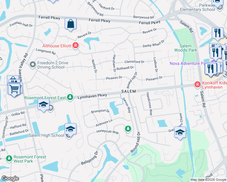 map of restaurants, bars, coffee shops, grocery stores, and more near 1517 Picasso Court in Virginia Beach