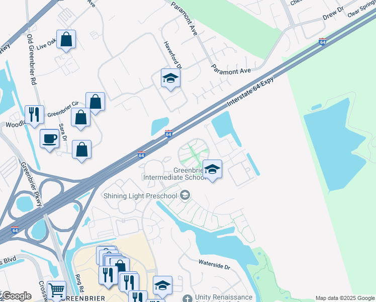 map of restaurants, bars, coffee shops, grocery stores, and more near 1945 Woodgate Arch in Chesapeake