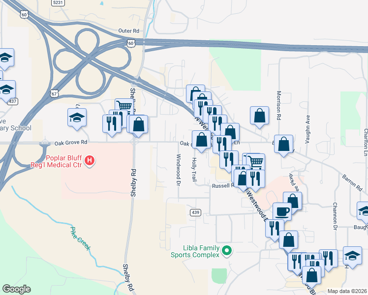 map of restaurants, bars, coffee shops, grocery stores, and more near 2840 Oak Grove Road in Poplar Bluff