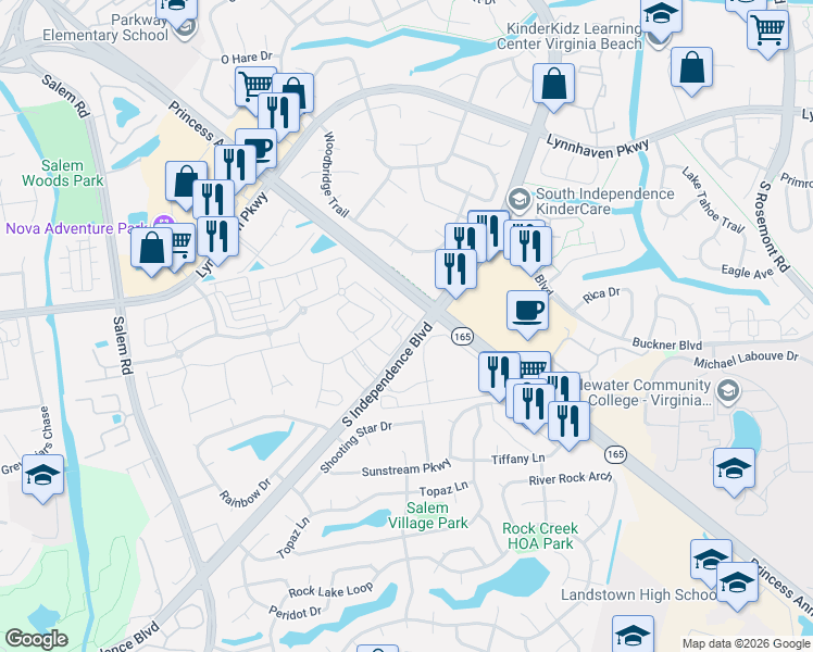 map of restaurants, bars, coffee shops, grocery stores, and more near 2077 South Independence Boulevard in Virginia Beach