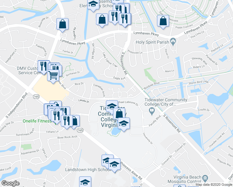 map of restaurants, bars, coffee shops, grocery stores, and more near 3401 Norfeld Court in Virginia Beach