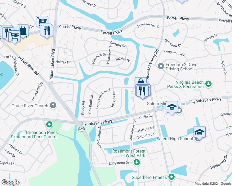 map of restaurants, bars, coffee shops, grocery stores, and more near 1602 Mill Oak Drive in Virginia Beach