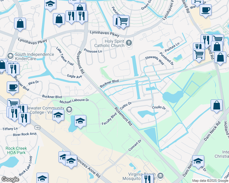 map of restaurants, bars, coffee shops, grocery stores, and more near 3573 Regret Lane in Virginia Beach