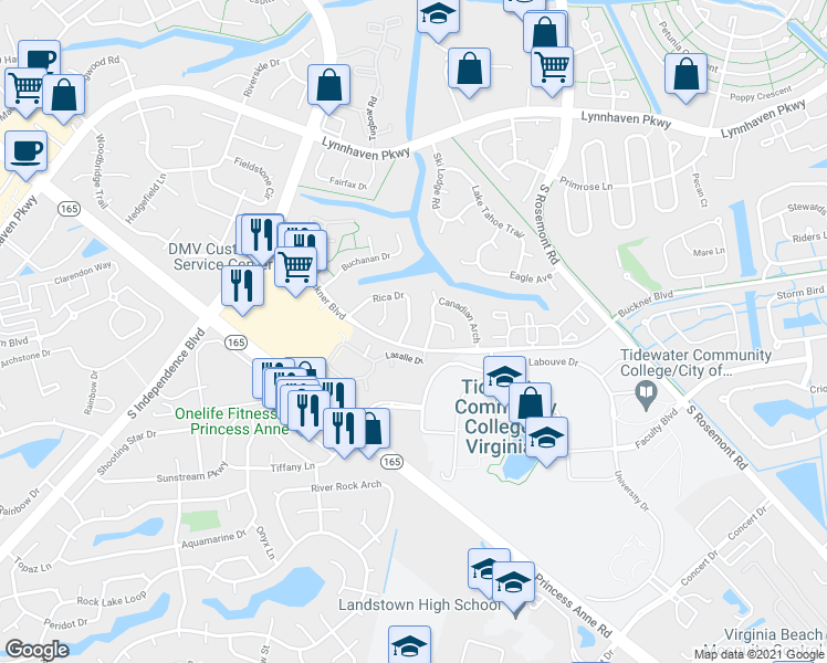 map of restaurants, bars, coffee shops, grocery stores, and more near 3812 Rica Drive in Virginia Beach