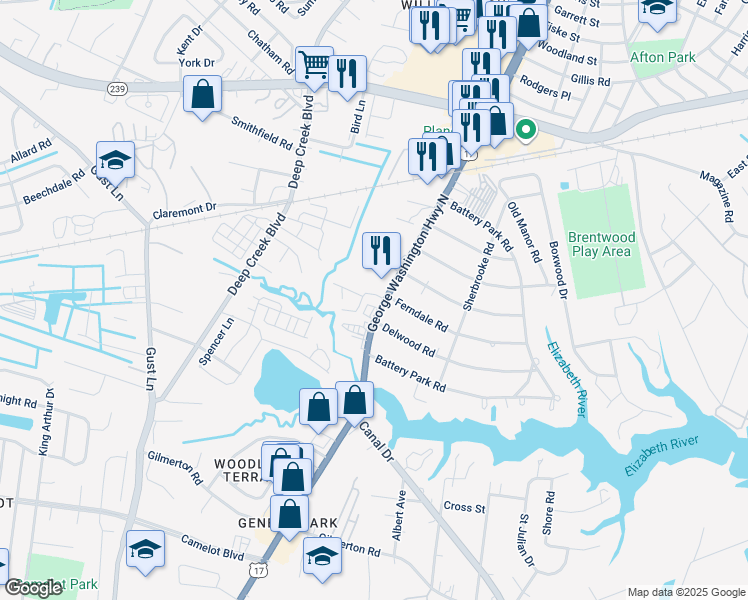 map of restaurants, bars, coffee shops, grocery stores, and more near 2401 Shamrock Garden Road in Chesapeake