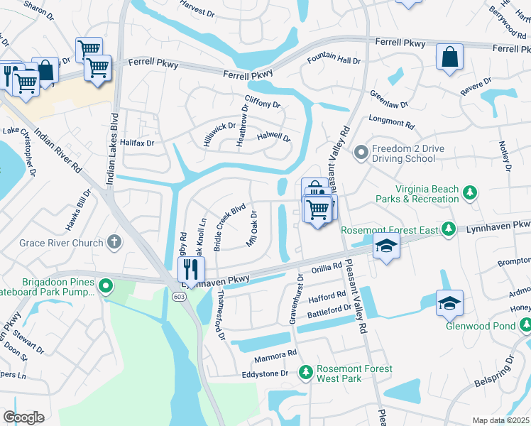 map of restaurants, bars, coffee shops, grocery stores, and more near 1428 Bridle Creek Boulevard in Virginia Beach