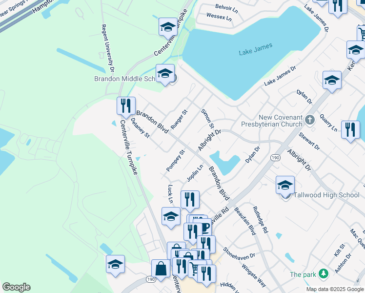 map of restaurants, bars, coffee shops, grocery stores, and more near 1713 Pompey Street in Virginia Beach