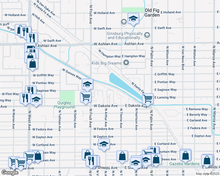 map of restaurants, bars, coffee shops, grocery stores, and more near 202 West Dakota Avenue in Fresno