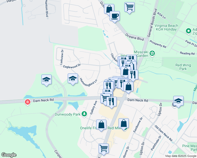 map of restaurants, bars, coffee shops, grocery stores, and more near 1519 Hummingbird Lane in Virginia Beach