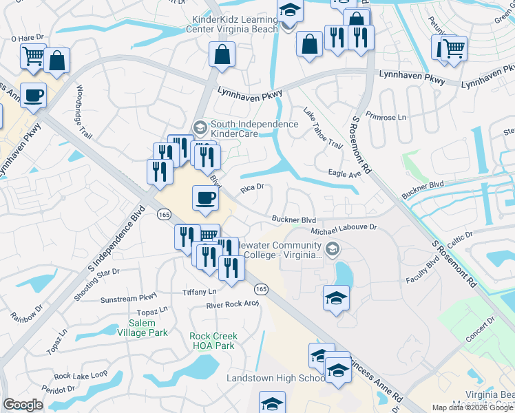 map of restaurants, bars, coffee shops, grocery stores, and more near 1320 Rica Court in Virginia Beach