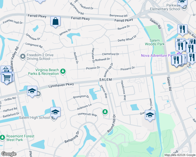 map of restaurants, bars, coffee shops, grocery stores, and more near 1517 Picasso Court in Virginia Beach