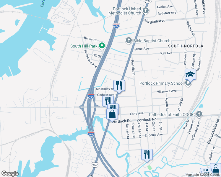 map of restaurants, bars, coffee shops, grocery stores, and more near 1001 Mc Kinley Avenue in Chesapeake