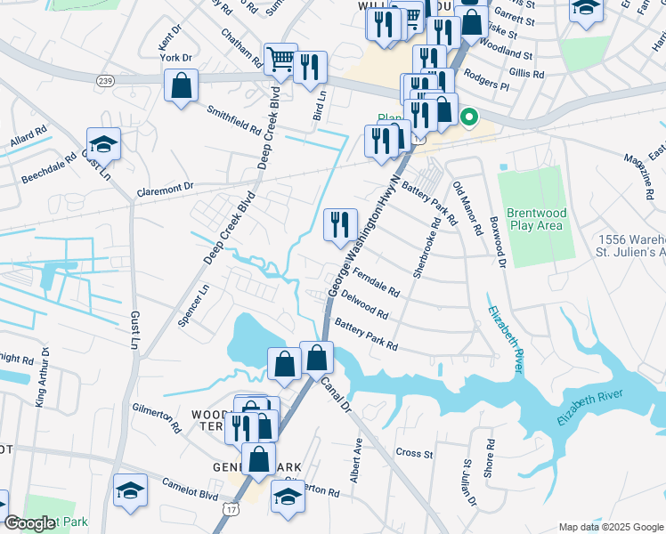 map of restaurants, bars, coffee shops, grocery stores, and more near 1312 George Washington Highway North in Chesapeake