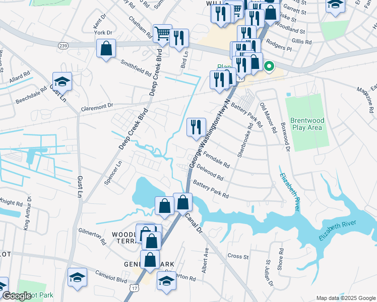map of restaurants, bars, coffee shops, grocery stores, and more near 1312 George Washington Highway North in Chesapeake