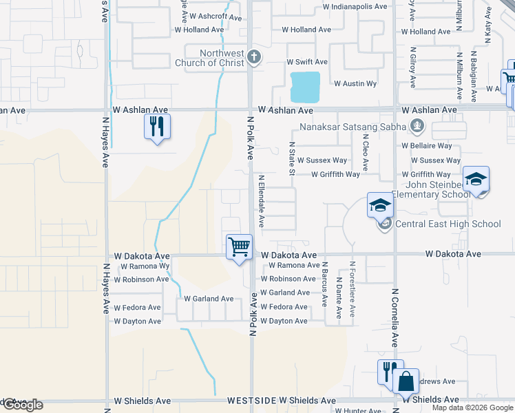 map of restaurants, bars, coffee shops, grocery stores, and more near 3669 North Ellendale Avenue in Fresno