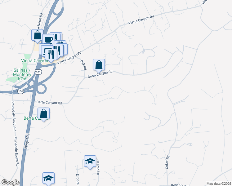 map of restaurants, bars, coffee shops, grocery stores, and more near 18431 Berta Ridge Place in Salinas