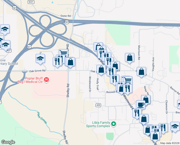 map of restaurants, bars, coffee shops, grocery stores, and more near 2840 Oak Grove Road in Poplar Bluff