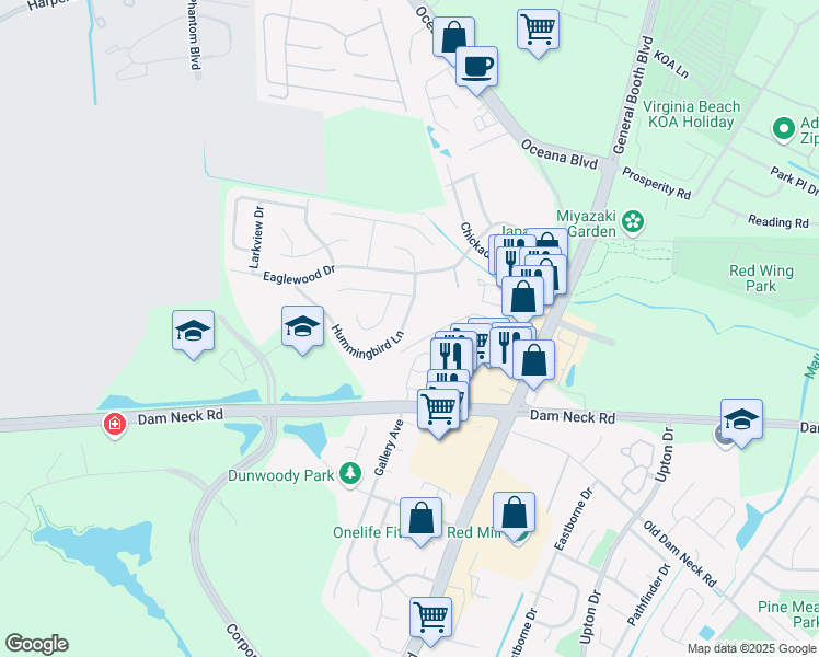 map of restaurants, bars, coffee shops, grocery stores, and more near 1519 Hummingbird Lane in Virginia Beach