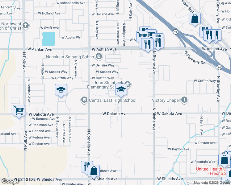 map of restaurants, bars, coffee shops, grocery stores, and more near 4639 West Saginaw Way in Fresno