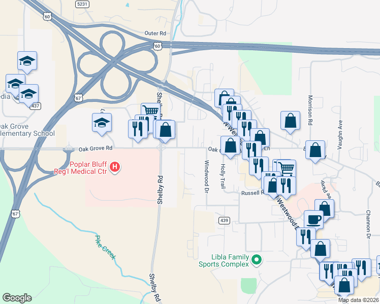 map of restaurants, bars, coffee shops, grocery stores, and more near 2908 County Road 438 in Poplar Bluff
